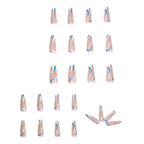 Extra Long Coffin Press on Nails Blue Abstract Swirl False Nails 24Pcs