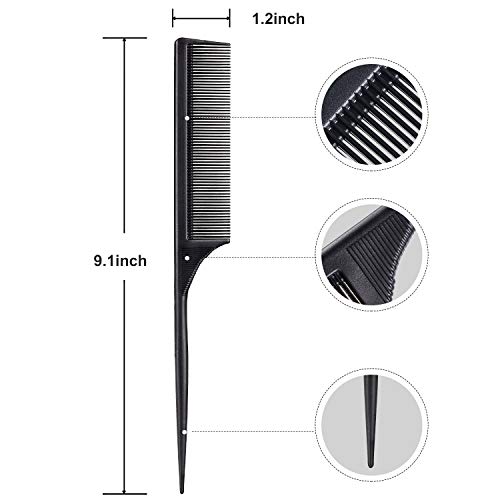 Leinuosen 9 Inch Carbon Fiber Rat Tail Comb 2 Pack Heat Resistant Fine Tooth