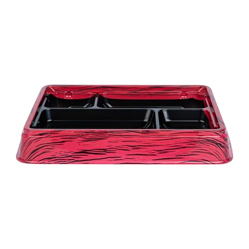 Restaurantware Bento Tek 15.2 Ounce Meal Prep Containers, 50 Disposable To Go Food Boxes - Lids Sold Separately, 4 Compartments, Red And Black Plastic Bento Lunch Boxes, Freezable, For Take Out