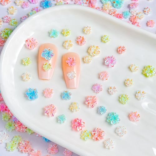 CnSybaris 300 Pcs 3D Flower Nail Charms Colorful Hibiscus Floral Gems