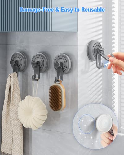 JOTPE Nano Gel Suction Cup Shower Hooks - Heavy Duty Reusable, Clear Gray, 4-Pack