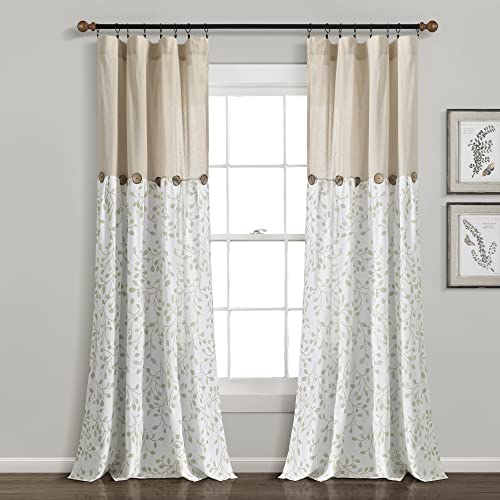 Lush Decor Linen Button Botanical Garden Window Curtain Panel Single 40" W x 84" L Neutral & Green - Farmhouse Curtains for Bedroom - Living Room Curtains