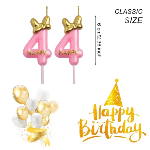 44th Birthday Candle Set - Pink Bow & Gold 'Happy' Design