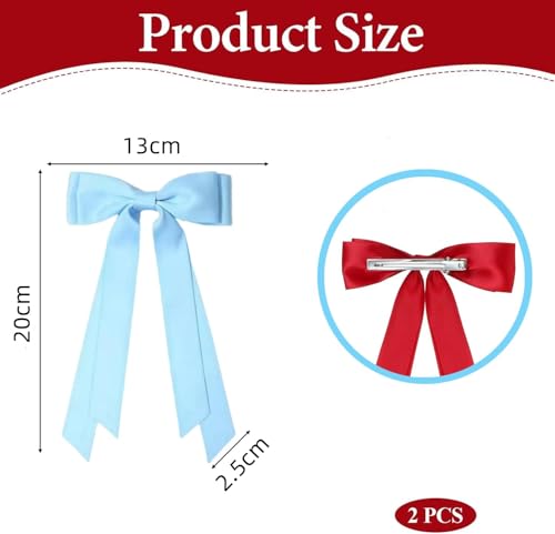 Satin Hair Bows for Women & Girls - Blue & Beige Hair Ribbon Clips (2PCS)