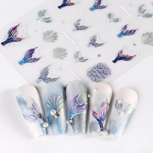 Holographic Mermaid Nail Stickers - 5D Embossed Shell & Scale Decals