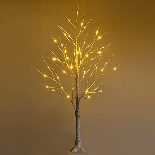 4ft Pre-Lit Christmas Tree with 48 Warm White LED Lights - Artificial White Twig Birch Tree