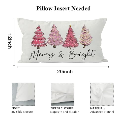 QGFM 25-Pink Christmas Pillow Cover 12x20 - Lumbar Holiday Throw Cushion