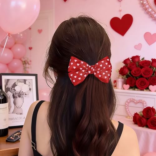Valentine's Day Red Heart Hair Bow Clips 2 Pack Grosgrain Ribbon Barrette
