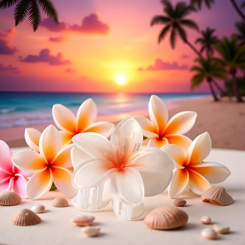 Myuiao White Plumeria Flower Hair Claw Clip - Hawaiian Hair Jaw Clip for Thin Hair