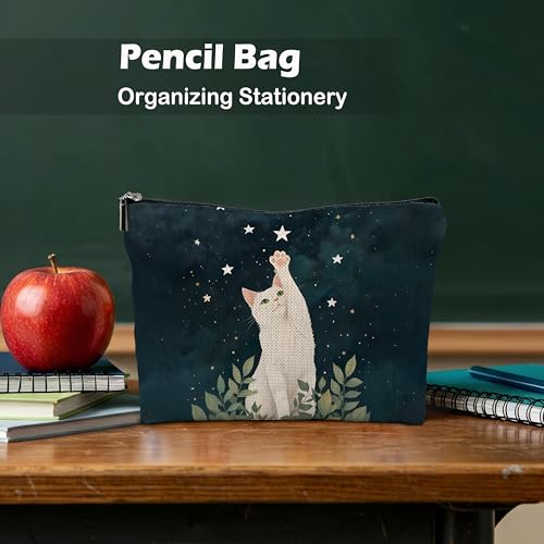 Starry Night Cat Makeup Bag Whimsical Linen Cosmetic Pouch