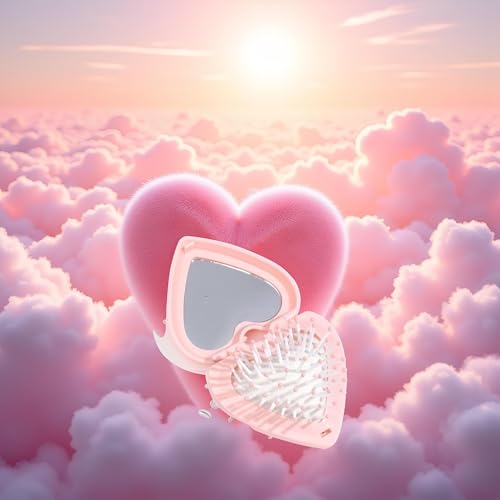 Pink Heart Folding Hair Brush with Mirror and Air Cushion Massage