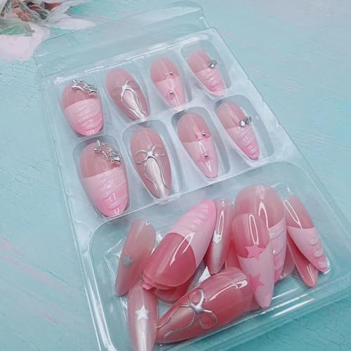 French Tip Press on Nails Medium Almond 3D Star Rhinestones Bow Design