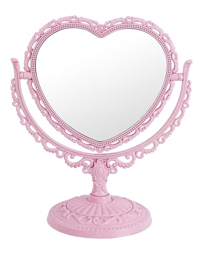 Pink Heart-Shaped Desk Mirror, Double-Sided Rotating Vanity Mirror