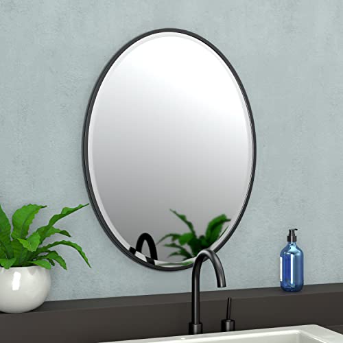 Gatco 1821MX Bathroom Wall Mirror, 33" H x 25" W Modern Mirror for Living Room, Vanity, Slim Design Beveled Framed Large Oval Matte Black - Easy Mount Safety Bracket
