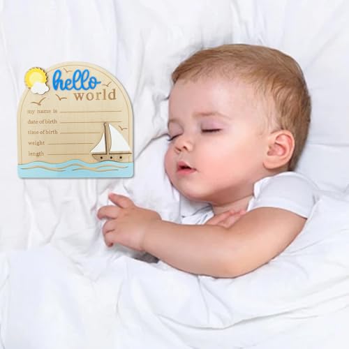 Baby Announcement Sign 5.9 Inch Wooden Hello World Newborn Sign with Pen