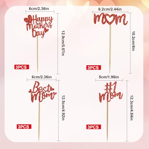 12pcs Mother's Day Cupcake Toppers - Glitter Red Decorations
