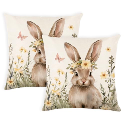 Yellow Easter Pillow Covers Set of 2 18x18 Inches Bunny Spring Decor for Couch & Bed