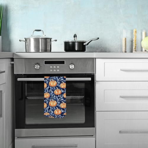 Navy Blue & Orange Pumpkin Kitchen Towels - 16x24 Decorative Hand Towels
