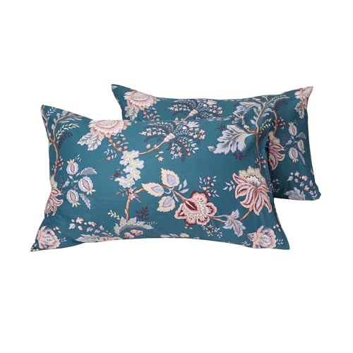 Teal Floral Cotton Pillowcases - Soft & Breathable 20x30" Set