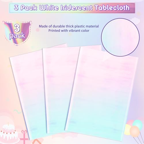 3 Pack Iridescent White Plastic Tablecloths - 40 x 108 Inch Disposable Covers for Parties