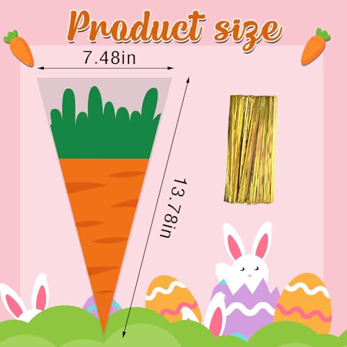 Easter Carrot Cone Cellophane Bags with Twist Ties 100 Pcs