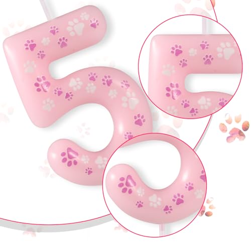 Pink Dog Paw Print Birthday Candle - Number 5 Cake Topper