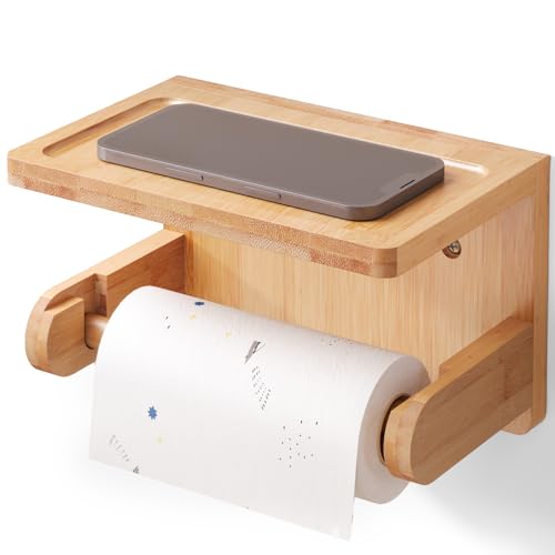 Bamboo Toilet Paper Holder with Phone Shelf - Wall Mounted Organizer