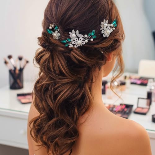 CASDRE Green Crystal Pearl Wedding Hair Pins Bridal Hair Pieces (Pack of 3)