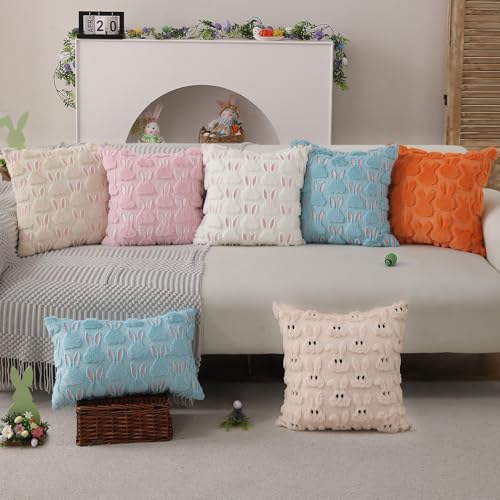 Easter Pillow Cover 12x20 Inch Soft Plush White Rabbit Design