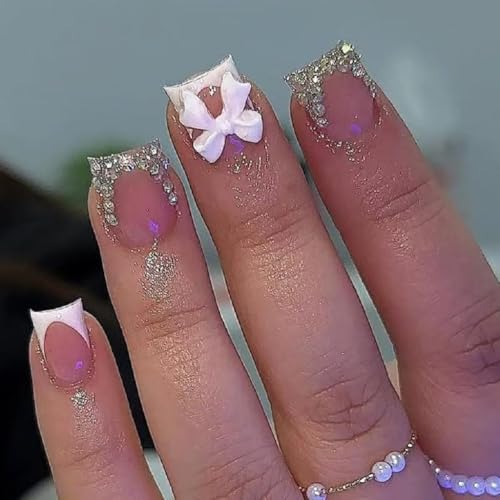 Square Press on Nails Short French Tip with 3D Bow Acrylic Nails