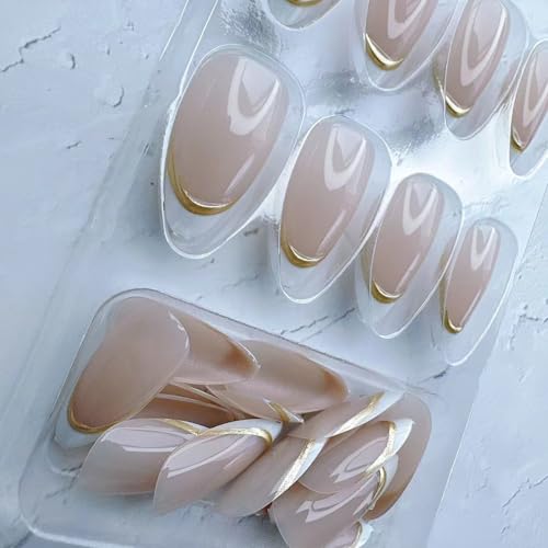 White French Tip Press on Nails Short Almond with Gold Line Design