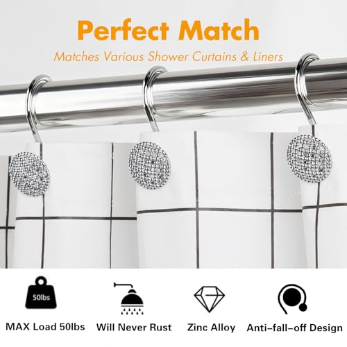 Pearlbee Chrome Shower Curtain Hooks - Round Beaded Design, 12 Pack, Zinc Alloy
