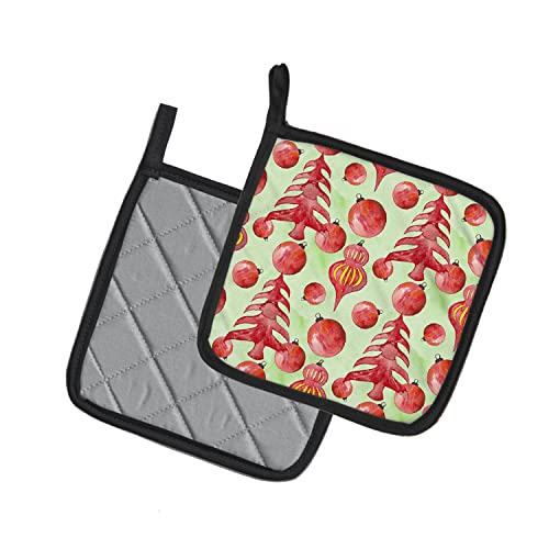 Christmas Tree and Ornaments Pot Holders Set - Red Holiday Kitchen Decor