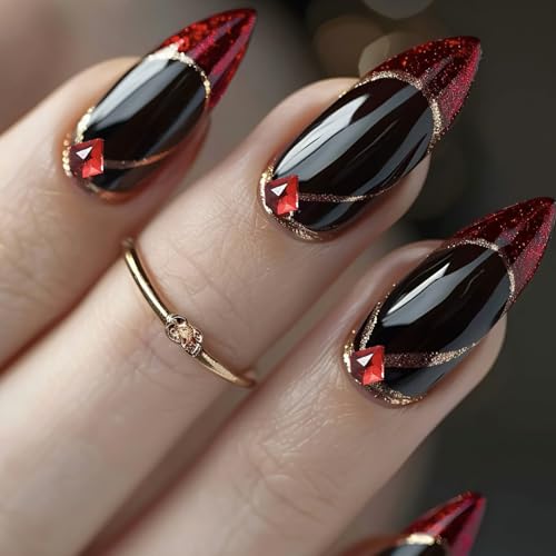 ZRETHFB Red French Tip Press on Nails Medium Almond Rhinestone False Nails