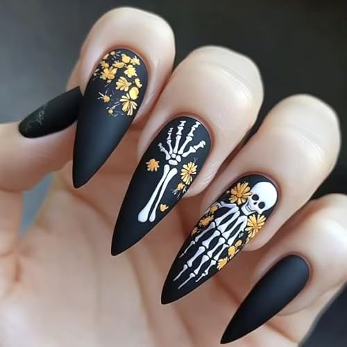 GCSQW Medium Almond Halloween Press on Nails Black Matte Skeleton Fake Nails