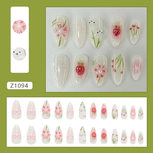 3D Flower Press on Nails Medium Almond Fake Nails with Pearls and Strawberry