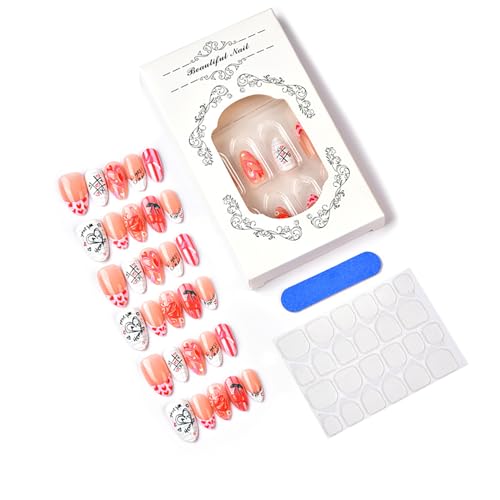 Valentines Press on Nails Short Almond French Tip Fake Nails 30pcs