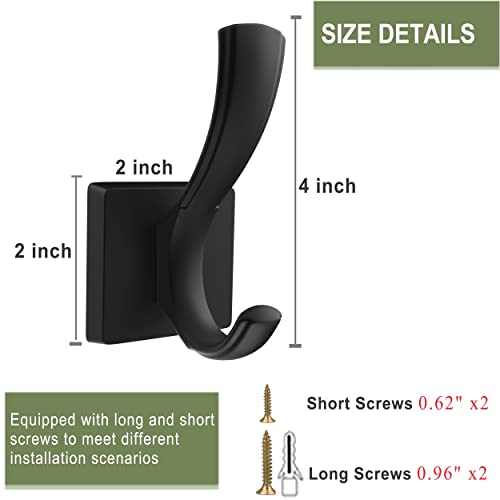 Heavy Duty Black Towel Hooks - 2 Pack Wall Mount for Coats, Towels, and Bags