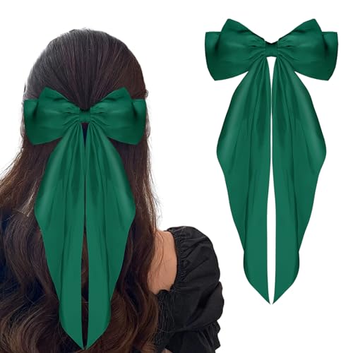 WLLHYF Satin Silky Long Tail Hair Bow Barrette Metal Hair Clip Green