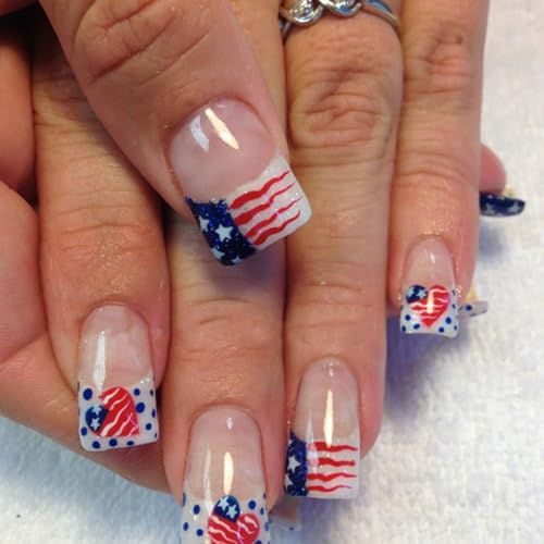 4th of July Press on Nails Short Square French Tip Fake Nails