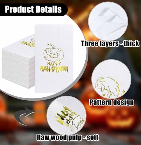 SietDESEO 25 PCS 3-Ply Halloween Napkins with Gold Foil Pumpkin