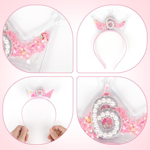 Penitue Pink Glitter Birthday Crown Headband with Pearls for Girls Party