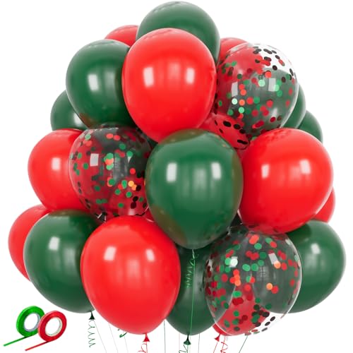 Red and Green Confetti Balloons Set - 50 Pcs 12 Inch Christmas Latex Balloons