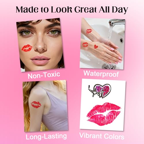 Allyix Kiss Temporary Tattoos - 78 Waterproof Lip Sticker Designs for Parties
