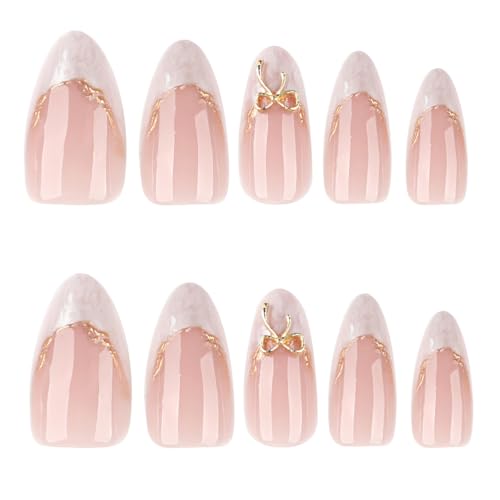 French Press on Nails Almond White Tips with 3D Gold Bow 24Pcs