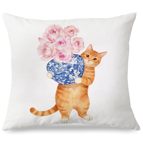 Exqcom Chinoiserie Orange Tabby Cat Flannel Throw Pillow Cover 18x18