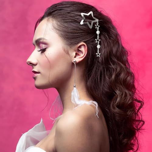 Star Pearl Snap Hair Clips 2pcs - Silver Y2K Tassel Hair Barrettes