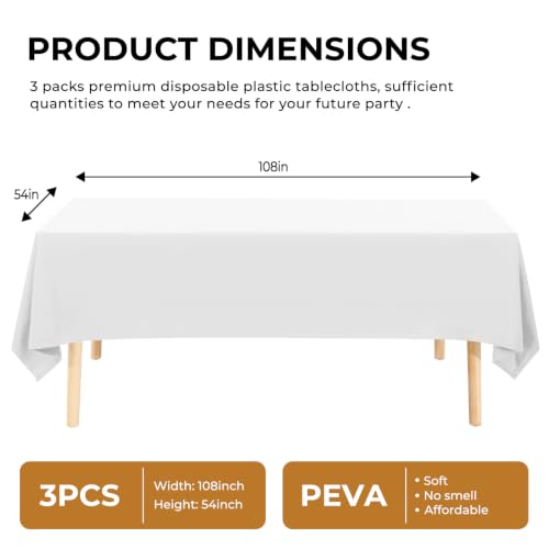 White Disposable Plastic Tablecloths - 3 Pack, 54" x 108"