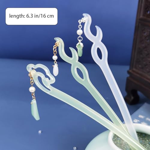 Mozff Chinese Acetate Jade Hair Stick with Tassel Flower Pendant