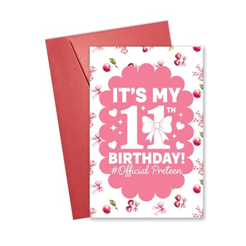 Cute Pink 11th Birthday Card for Girls with Bow & Envelope